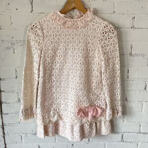 Vintage Dorissa Of Miami Girls Size 10 Dress 60s Lace Creme Bow Mod MCM JackieO